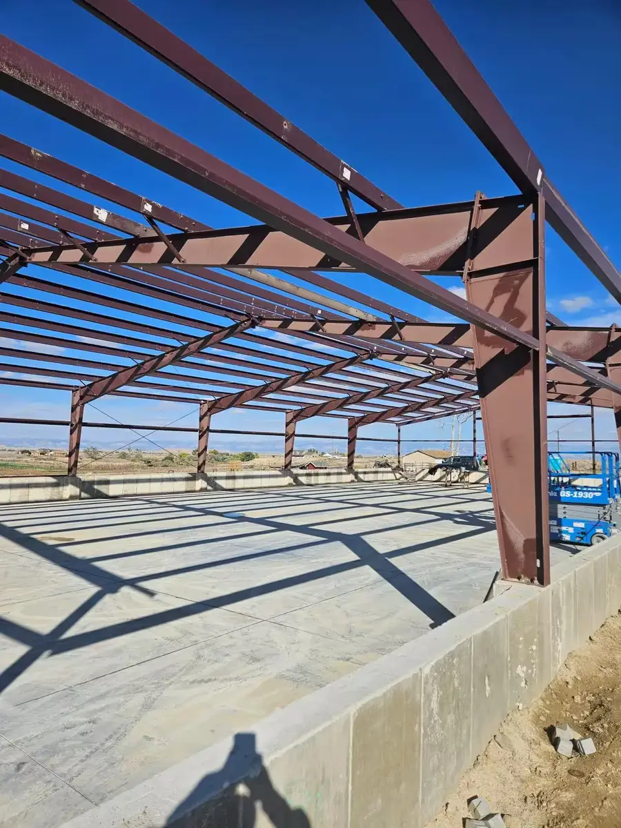 Looking up through the steel rafters and purlins of a new building over its concrete floor slab
